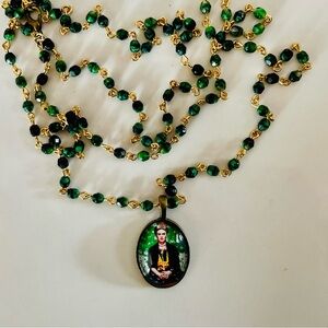 Frida Kahlo Art Pendant Necklace Malachite Chain